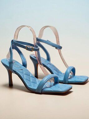 Quilted Sky Blue Heeled Sandals With Adjustable Strap & Square Toe Design For Wo